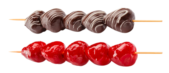 Strawberries on sticks covered with chocolate and caramel, cut out