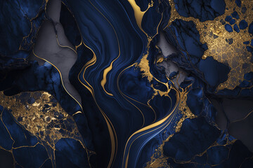 Obraz na płótnie Canvas Dark blue gold marble background. Invitation, card backdrop, banner. Ai generated