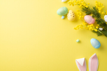 Easter celebration concept. Top view photo of colorful easter eggs mimosa flowers and easter bunny...