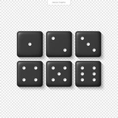 Realistic 3D black dice for casino, craps, poker, tabletop or board games with rounded edges and pips forming random numbers.
