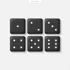 Realistic 3D black dice for casino, craps, poker, tabletop or board games with rounded edges and pips forming random numbers.