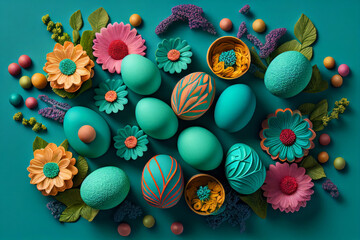 Colorful easter eggs and spring flowers on clean teal background. Generative AI.