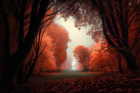 Forest scenery and trees with red leaves created using generative ai technology © Future Vision