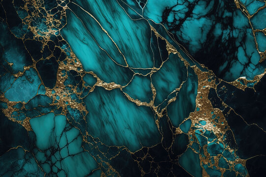 Abstract marble teal blue and gold background. Invitation backdrop. Ai generated