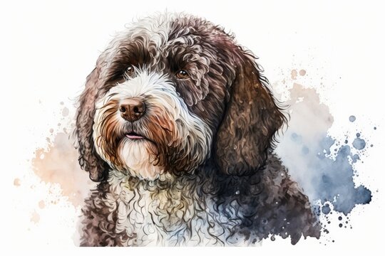 Watercolor portrait of a chocolate and white Australian labradoodle dog, animal, pet, favorite dog, breed, or curls. Generative AI