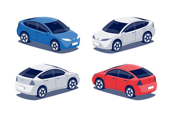 Modern passenger crossover car. Midle size hatchback business vehicle, cuv family car, crossover, suv. Isolated vector red and blue object icons on white background in isometric dimetric style.