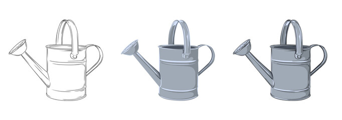 vector set of images of a metal garden watering can on a transparent background. black outline and color image of a metal garden watering can