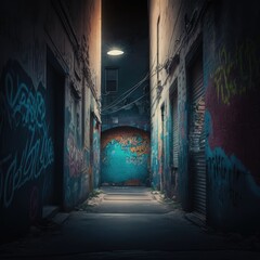Alley with walls covered in colorful graffiti created using generative ai technology