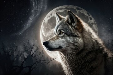 Portrait of wolf over full moon, created using generative ai technology