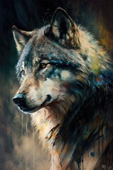Portrait close up of wolf, created using generative ai technology