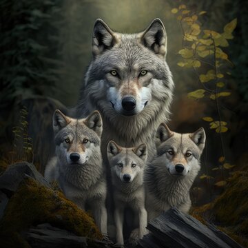 Portrait of close up of wolf with three young pups, created using generative ai technology