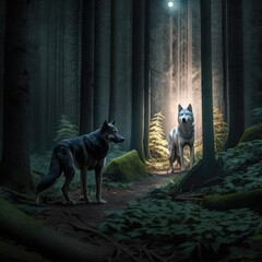Portrait of two wolves in forest, created using generative ai technology