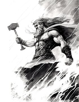 Watercolor ink of northern mythology god thor with its thorshammer