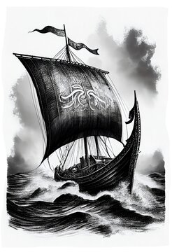 Watercolor ink pencil of Viking dragon ship