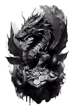 Watercolor ink of northern mythology Fafnir dragon