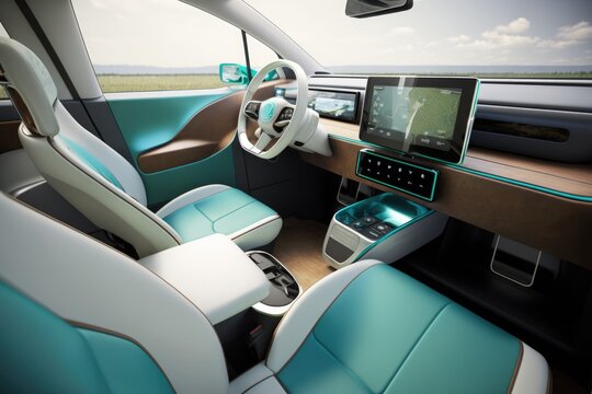 Interior of electric car with green and white seats, created using generative ai technology