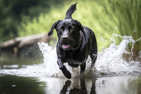 Black labrador dog running in water over grass created using generative ai technology