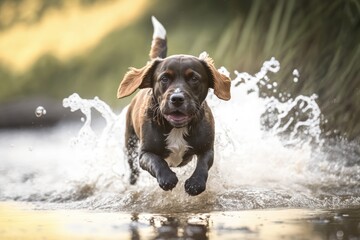 Black and brown labrador dog running in water over grass created using generative ai technology