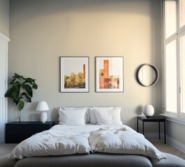 Bedroom interior with bed, paintings and plant created using generative ai technology