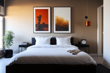 Bedroom interior with bed, paintings alarm clock and plant created using generative ai technology