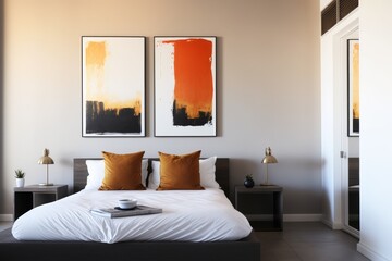 Bedroom interior with bed, paintings and lamps created using generative ai technology