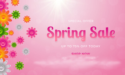 Spring sale banner background template design with colorful flowers for social media cards, vouchers, posters, flyers, invitations, and brochures.