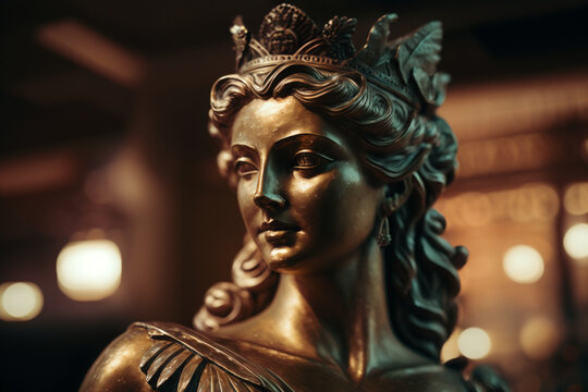 Bronze statue of the ancient queen. Beautiful woman of the ancient century. Created using ai