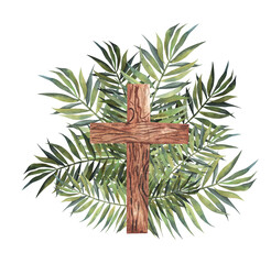 traditional branch palm christian cross symbol watercolor illustration