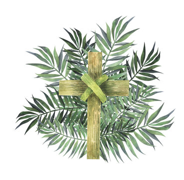 traditional branch palm christian cross symbol watercolor illustration