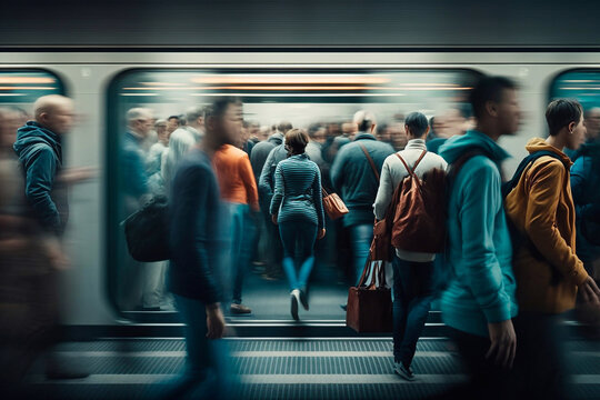 Blurred people on subway platform. Generative AI