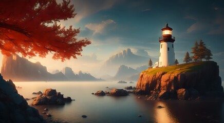 Fototapeta premium Mediterranean seaside lighthouse [AI Generated]
