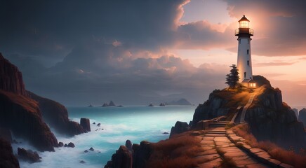 Fototapeta premium Mediterranean seaside lighthouse [AI Generated]