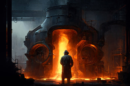 Steel mill, furnaces, iron, worker, steel production. Ai generative