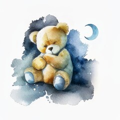 Drawing Teddy Bear Sitting Sleeping At Night Watercolor Generative AI