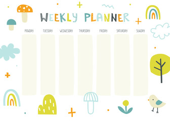 Scandinavian weekly planner for children. Abstract design of timetable for kids. - obrazy, fototapety, plakaty