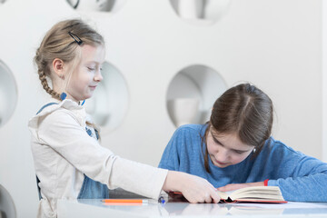Fototapeta premium Cute sisters studying together at home. Education and relationship concept