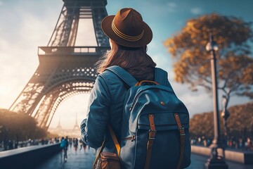 Rear view of woman tourist with a backpack on the background of the Eiffel Tower. Generative AI - obrazy, fototapety, plakaty