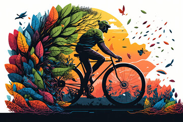 Healthy concept with a human on a bicycle on eco-friendly background Sustainable life. Generative AI