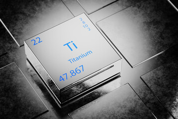 3D illustration of Titanium as an element of the periodic table. Titanium element a metallic background. Titanium chemical element design showing element name, atomic weight and number. 3d render.