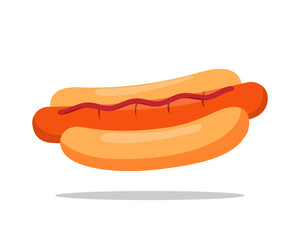 Hot dog illustration. Fastfood symbol. American cuisine, street food, sausage, bun, mustard, ketchup, takeaway, cafe. Flat design. Vector illustration.