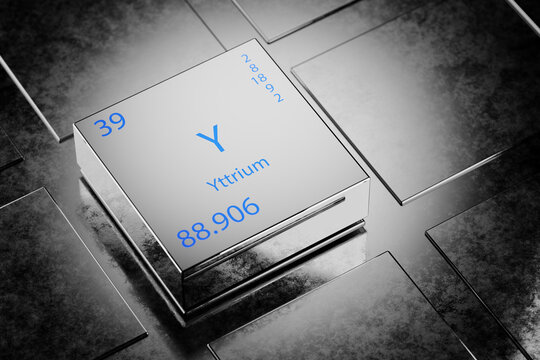 3D illustration of Yttrium as an element of the periodic table. Yttrium element a metallic background. Yttrium chemical element design showing element name, atomic weight and number. 3d render.