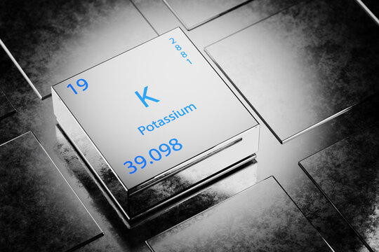 3D illustration of Potassium as an element of the periodic table. Potassium element a metallic background. Potassium chemical element design showing element name, atomic weight and number. 3d render.