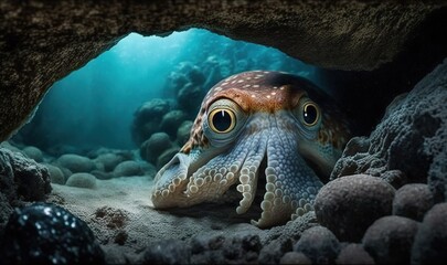  an octopus is hiding in a cave on the ocean floor.  generative ai