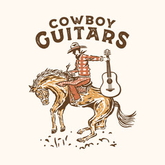 cowboy illustration rodeo graphic guitar design western vintage t shirt - obrazy, fototapety, plakaty