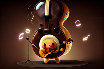 Funny bright donut sings and plays the guitar. AI generated