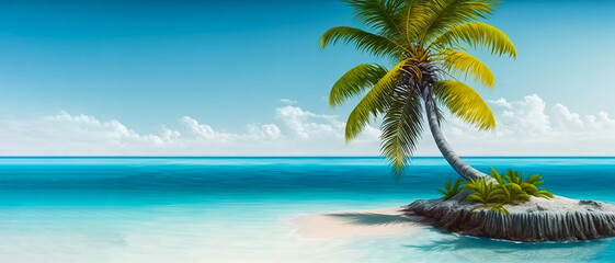 Tropical beach banner with palm tree. Ai