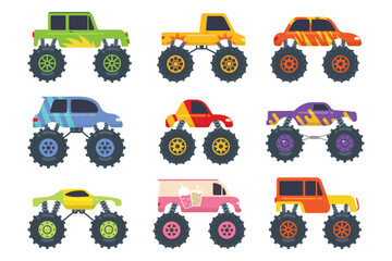 Monster truck vehicle or car and extreme transport vector illustration. Set of heavy monster truck with large wheels cartoon