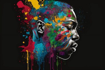 Black man colorful splash, black background. AI Generative