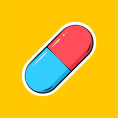 Cartoon medical capsule icon on yellow background. Oval pill with half blue and red colors. Medicine, healthcare, drug concept. Vector illustration