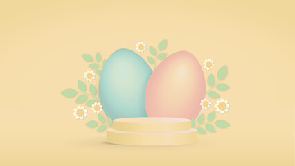 Easter eggs 3d display background, seasonal spring flowers presentation podium vector